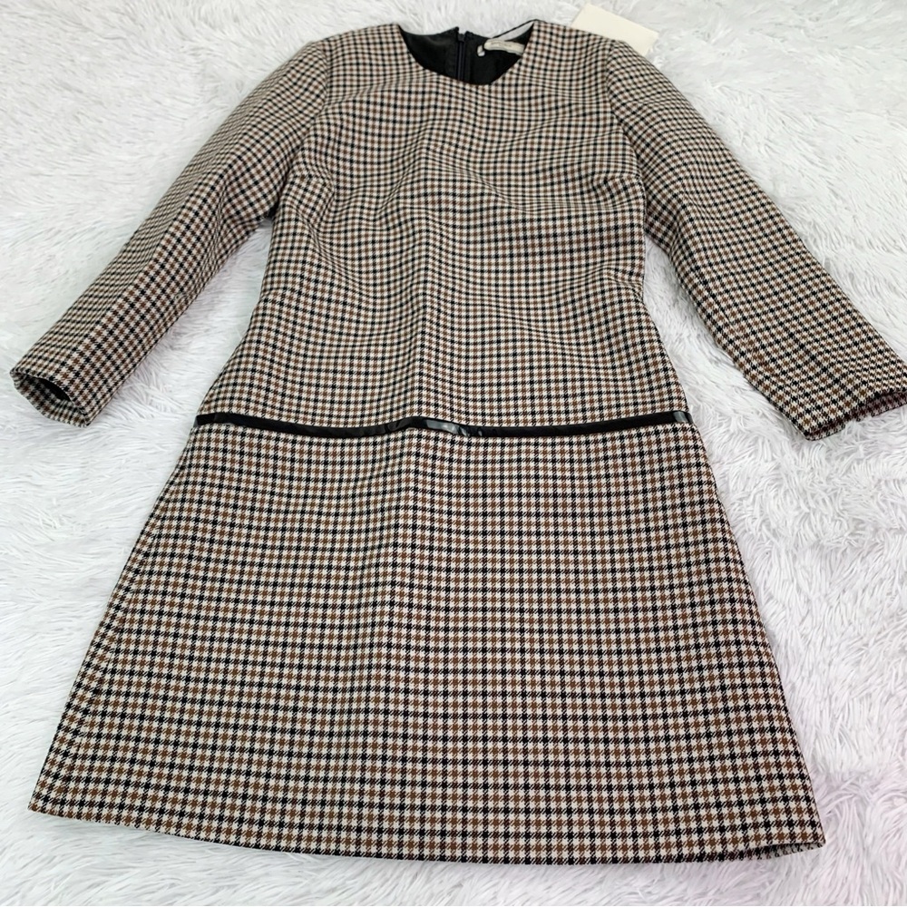NWT Bouchra Jarra Paris 3/4‎ sleeve 100% wool houndstooth shift dress crew neck